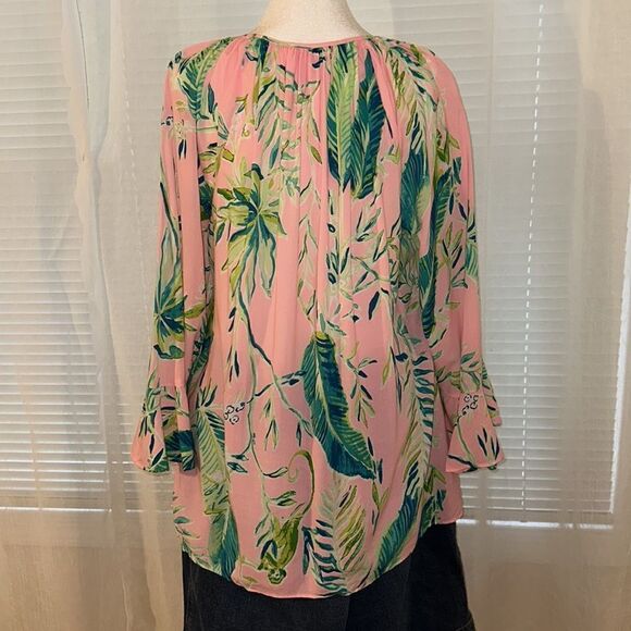 Lilly Pulitzer L Willa Pink Green Tropical Long Flounce Sleeve Front Tie Top - Picture 2 of 12